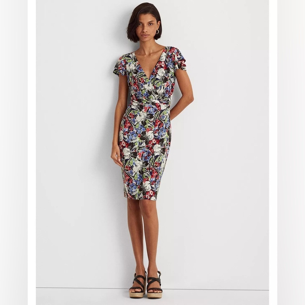 Lauren Ralph Lauren Floral Jersey Flutter-Sleeve Surplice Dress Lined Size 8 - Picture 3 of 15